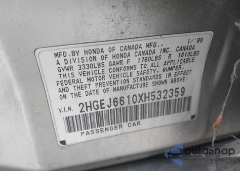 1999 Honda Civic Value Package из США, поврежденный, VIN 2HGEJ6610XH532359